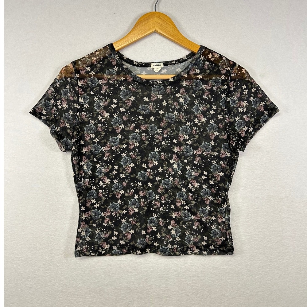 Garage Sheer Floral Mesh Crop Top Short Sleeve Black Multi Size G L